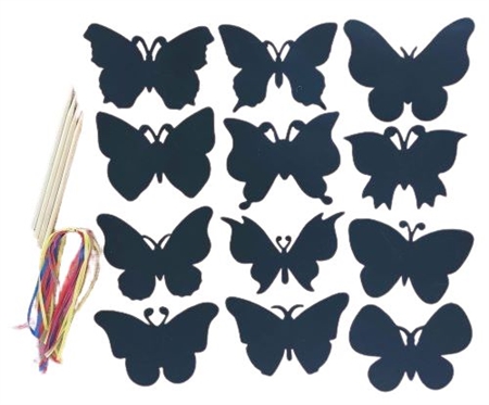 12 skrabefigurer med sommerfugle + 4 skrabepenne og snore