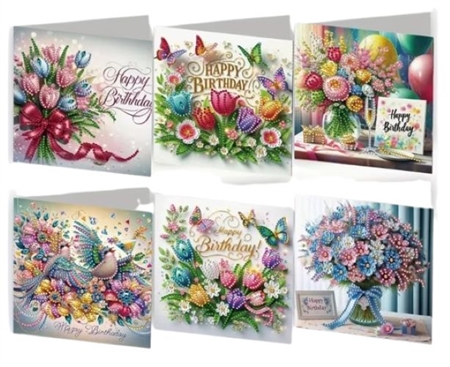 6 fødselsdagskort med blomsterbuketter. 15 x 15 cm. + konvolutter