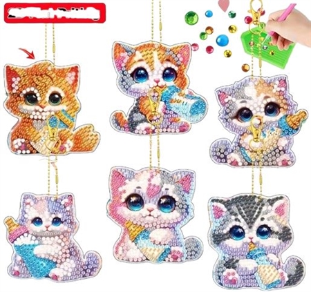 6 diamant nøgleringe med katte