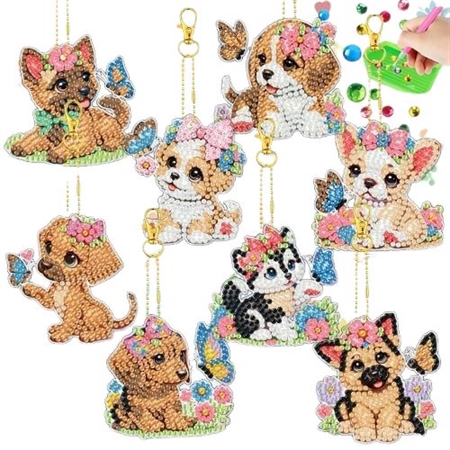 8 diamant nøgleringe med hunde