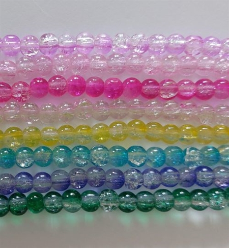 8 x 80 cm. 2-farvede, krakelerede glas perlerstrenge. 6 mm