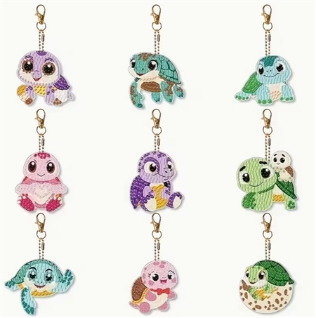 9 diamant nøgleringe med baby skildpadder