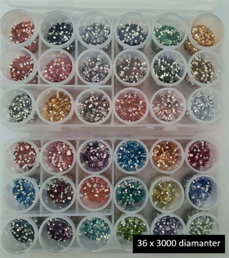 Diamantsæt med 36 farver x 3000 diamanter og 2 displays med løse bøtter - Skinnende