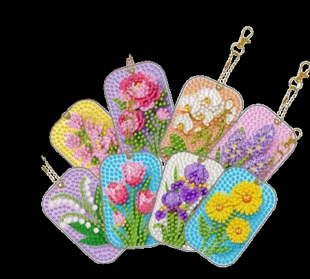 8 diamant nøgleringe med blomster"tags"