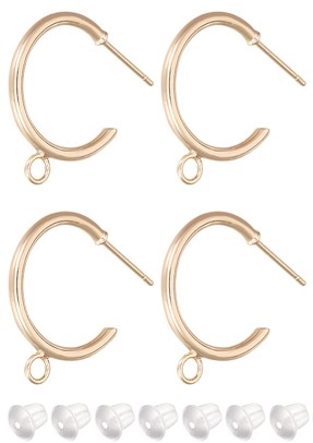 4 halve creoler i messing med øje og 18K forgyldning + 4 plastic endedutter