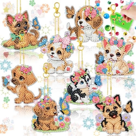 8 diamant nøgleringe med hunde