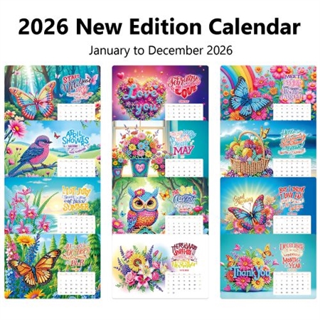 Stående kalender 2026 med spiralryg og flotte motiver