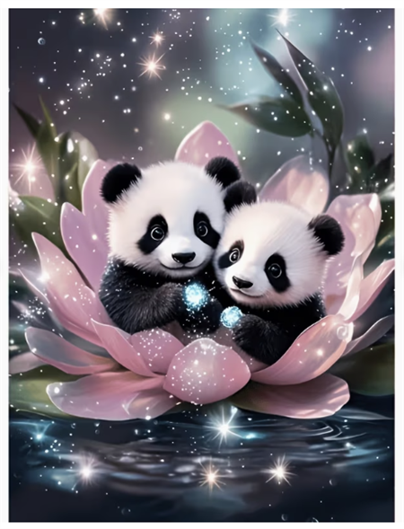 1 billede med 2 pandaer i blomst. Str. 30 x 40 cm.