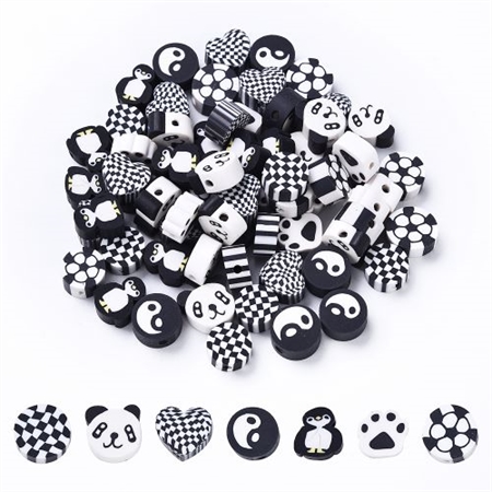 100 clayperler med sort/hvide motiver