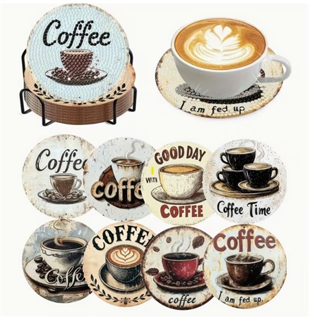 8 varmebrikker med kaffe motiver. Sæt 2